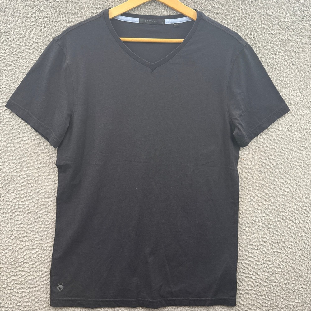 Greyson Shirt Mens Small Black V-Neck Pima Cotton Stretch Wolf Logo Short Sleeve
